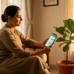 AI mental health chatbot interface on smartphone with calming background - digital therapy in India 2026