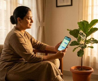 AI mental health chatbot interface on smartphone with calming background - digital therapy in India 2026