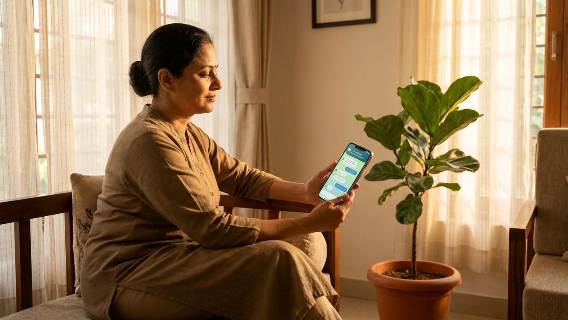 AI mental health chatbot interface on smartphone with calming background - digital therapy in India 2026