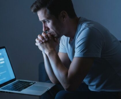 Person anxiously searching symptoms online late at night, illustrating health anxiety