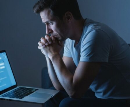Person anxiously searching symptoms online late at night, illustrating health anxiety