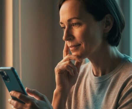 Person checking symptoms with an AI health chatbot on a smartphone at home