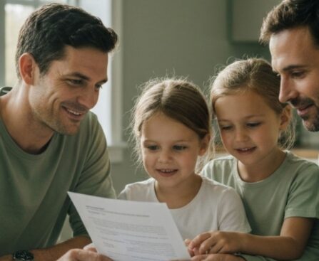 Family reviewing critical illness insurance documents together at home