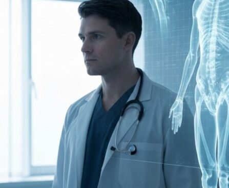 Doctor reviewing an AI-assisted diagnostic scan overlay
