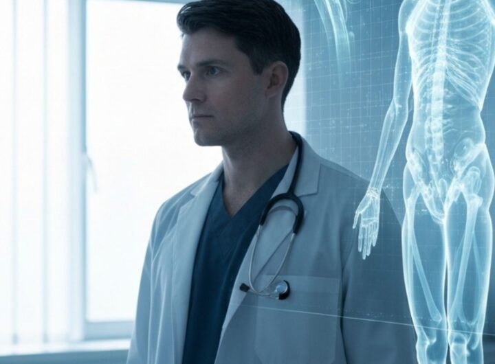 Doctor reviewing an AI-assisted diagnostic scan overlay