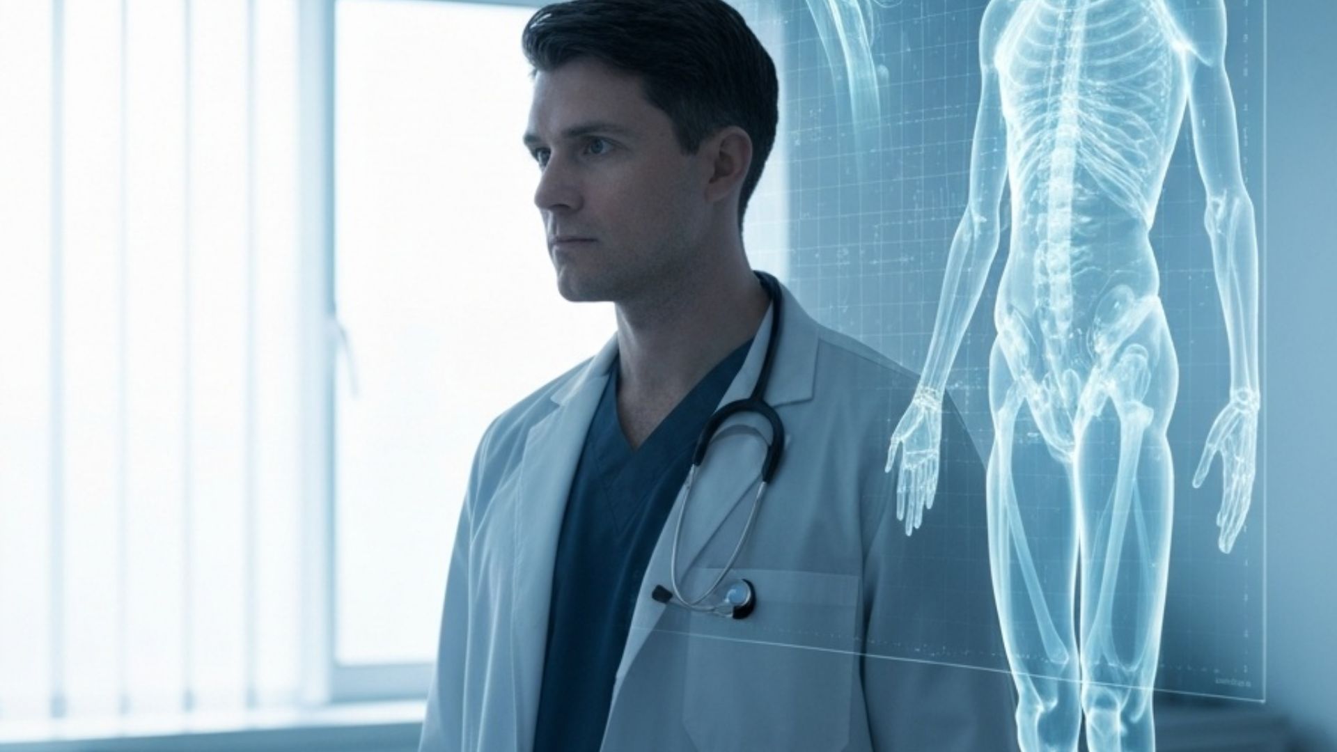 Doctor reviewing an AI-assisted diagnostic scan overlay