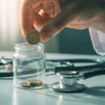 Doctor's hand placing a coin in a jar next to a stethoscope, symbolizing preventive healthcare savings
