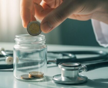 Doctor's hand placing a coin in a jar next to a stethoscope, symbolizing preventive healthcare savings