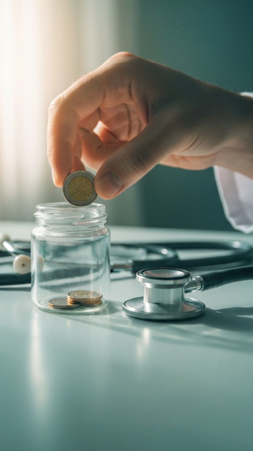 Doctor's hand placing a coin in a jar next to a stethoscope, symbolizing preventive healthcare savings