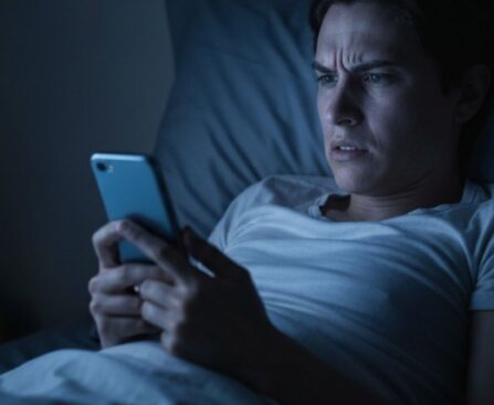 Person doomscrolling on a smartphone in bed at night