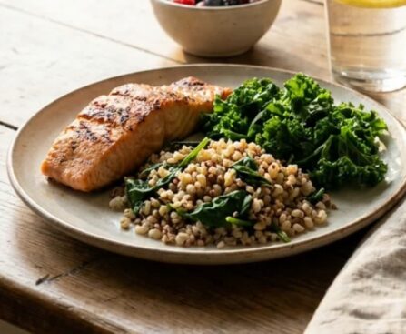 A heart-healthy plate of grilled fish, greens and whole grains