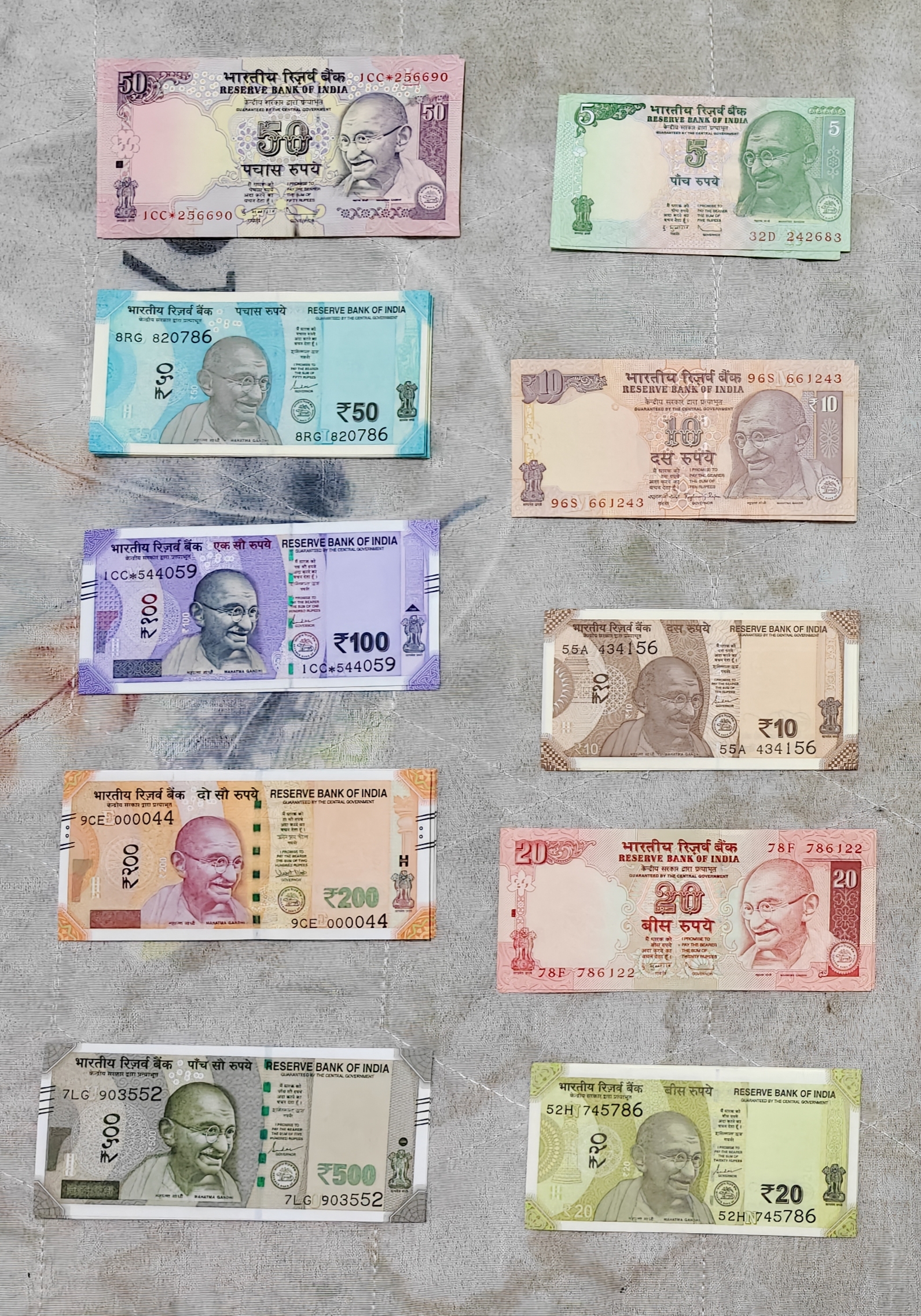Indian rupee banknotes of various denominations laid out